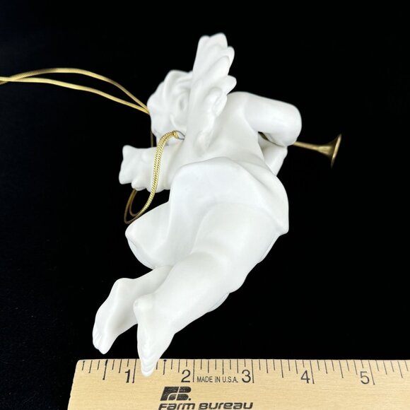Vintage Porcelain Cherub Angel Hanging Figurine Gold Cord Brass Trumpet Ornament - Picture 12 of 16